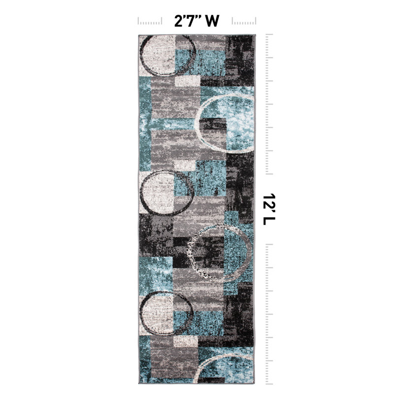 Tapis moderne performance gris, ivoire et bleu à motif abstrait Fanton, Bleu/gris, Tapis de couloir 2 pi 7 po x 12 pi