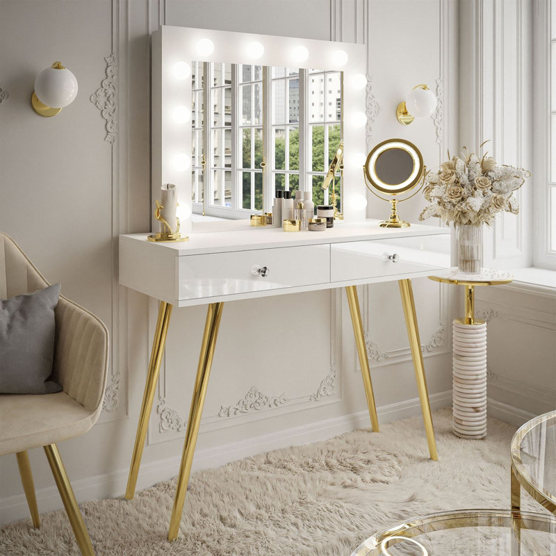 Huntingtown Dressing Table with Mirror, White/Gold