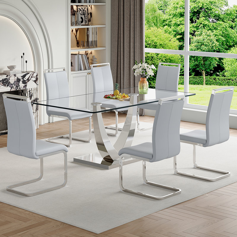Glass Dining Table Set, Light Gray, 7
