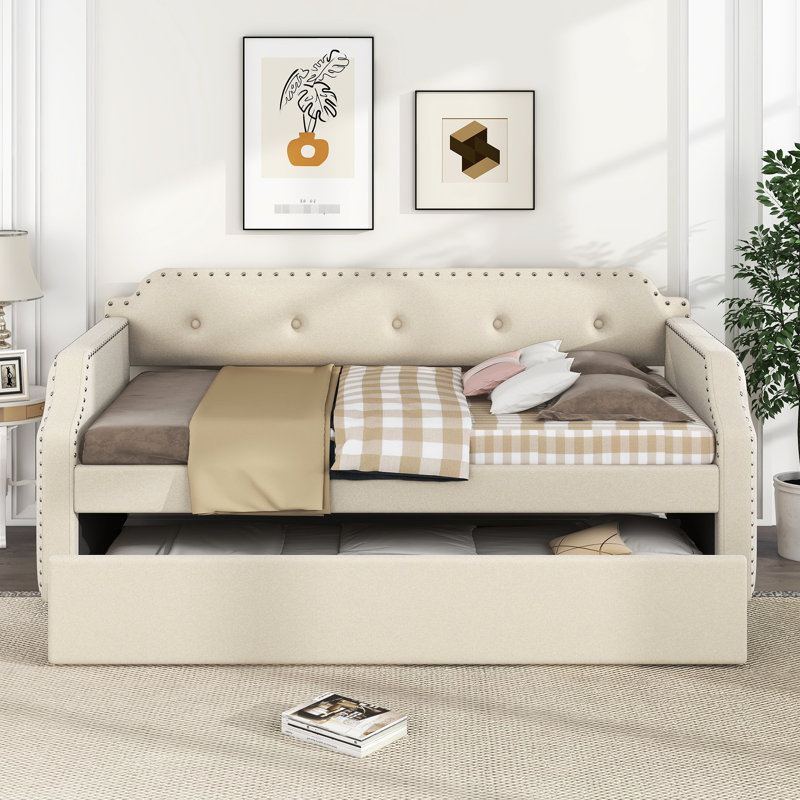 Lit de jour simple rembourré avec couchette coulissante, housse en lin beige, pour les espaces de vie, Beige