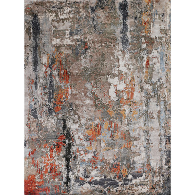 Laureno Hand Knotted Abstract Area Rug in Navy/Silver/Rust/Brown