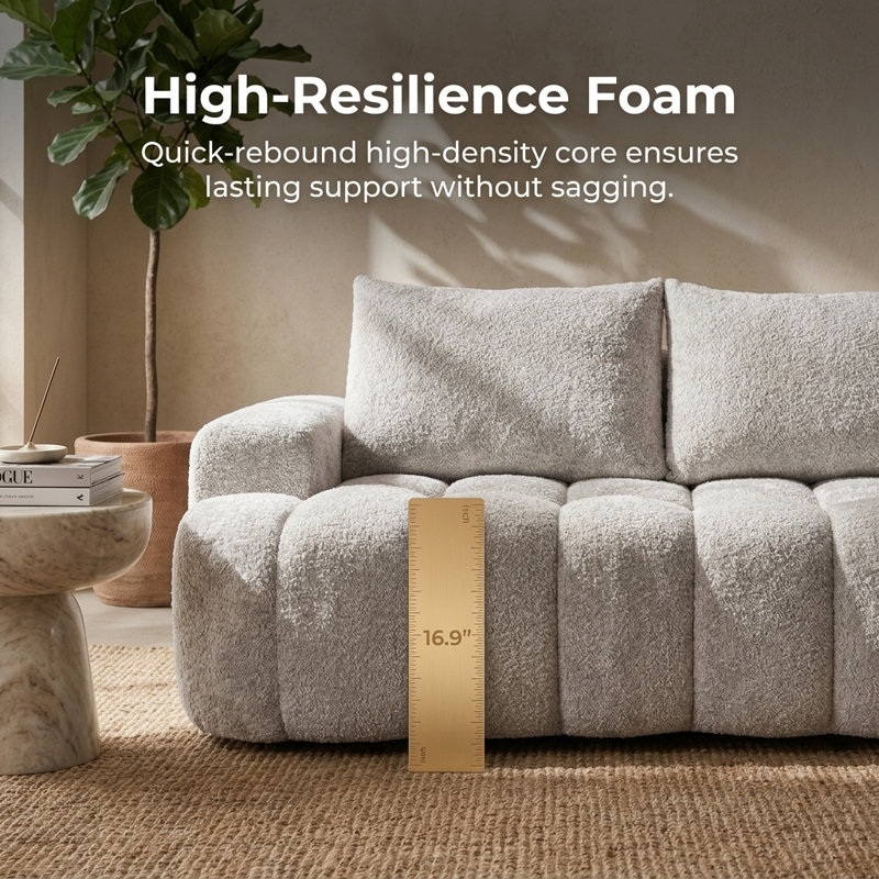 100" Oversized Curved Front Boucle Sofa, Modern 3-Seater Cloud Couch for Living Room, Camel Boucle