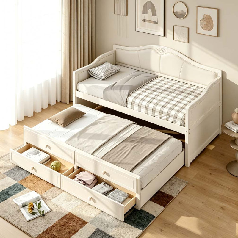 Lit de jour avec couchette, lit de jour simple avec 2 tiroirs de rangement, canapé-lit en bois avec dossier capitonné à boutons