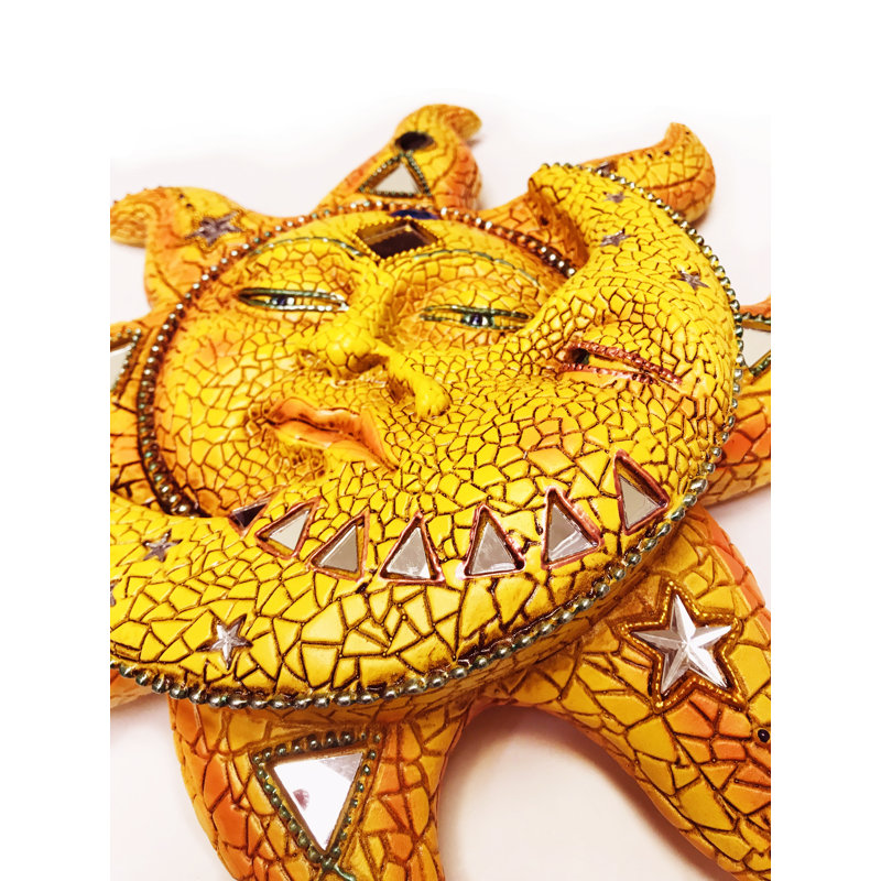 Décoration murale Peh mosaïque soleil et lune, H 12 po x l 12 po x p 2 po, Beige/orange