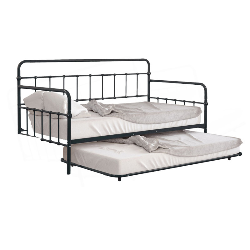 1Pc Twin Size Metal Daybed With Trundle Contemporary Style Full Metal Pipe Framework With Mattress Ready, Black