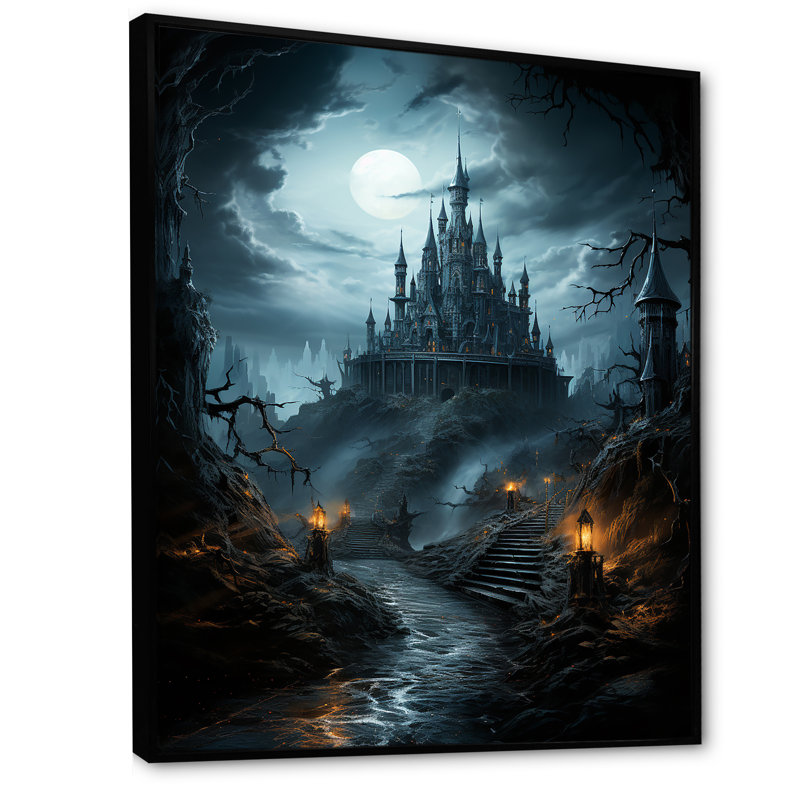 «Haunted Castle At Nightfall II - Châteaux», art mural, Cadre flottant noir, H 40 po x l 30 po x P 1,5 po