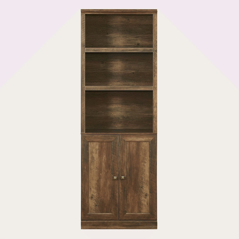 1 Doors Bookshelf With USB Port And 3 Open Shelves Bookcase Side Cabinet Storage Shelves, Rustic, Brown