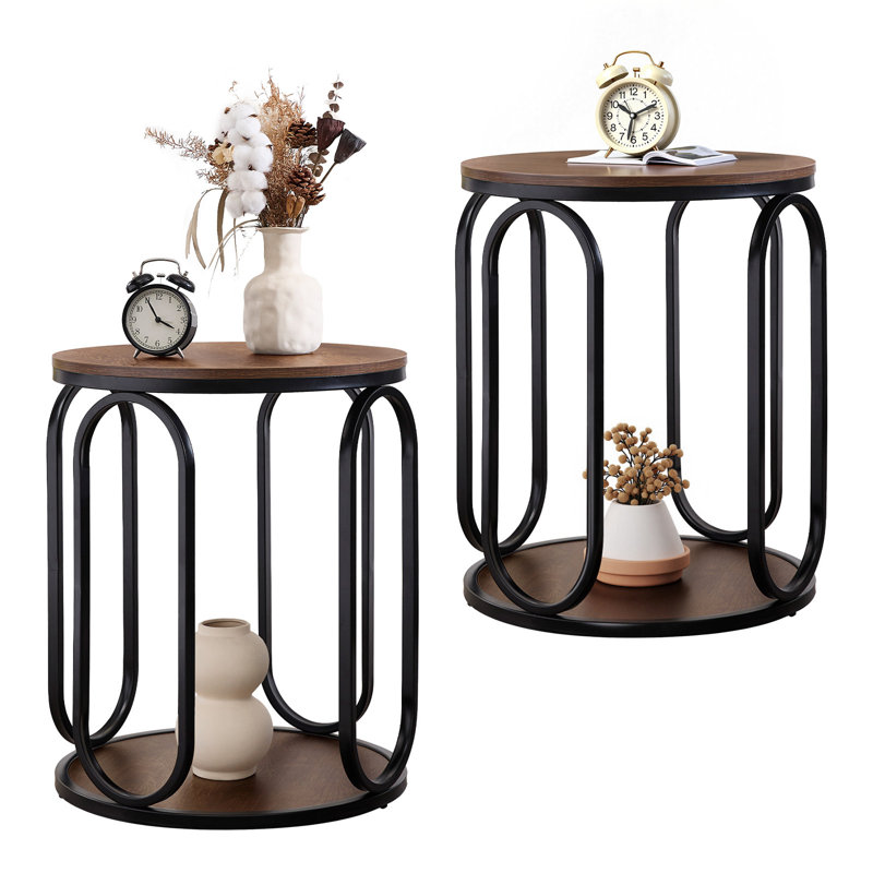 Carnforth 24.4"H Round End Table with Storage, Dark Brown Wood