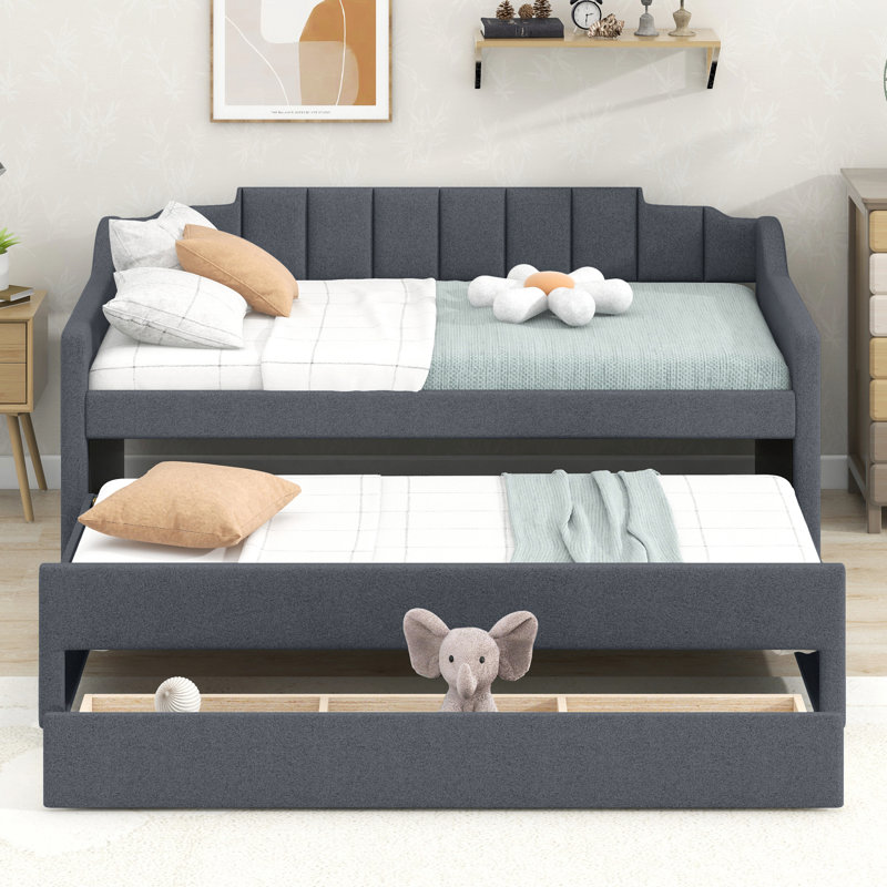 Twin Size Upholstered Daybed With Trundle And Three Drawers, Gray