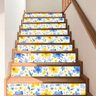 Papier auto-adhésif à peler et à coller aquarelle jaune et bleu floral auto-adhésif et amovible 17,7 po x 118 po (45 x 300 cm)