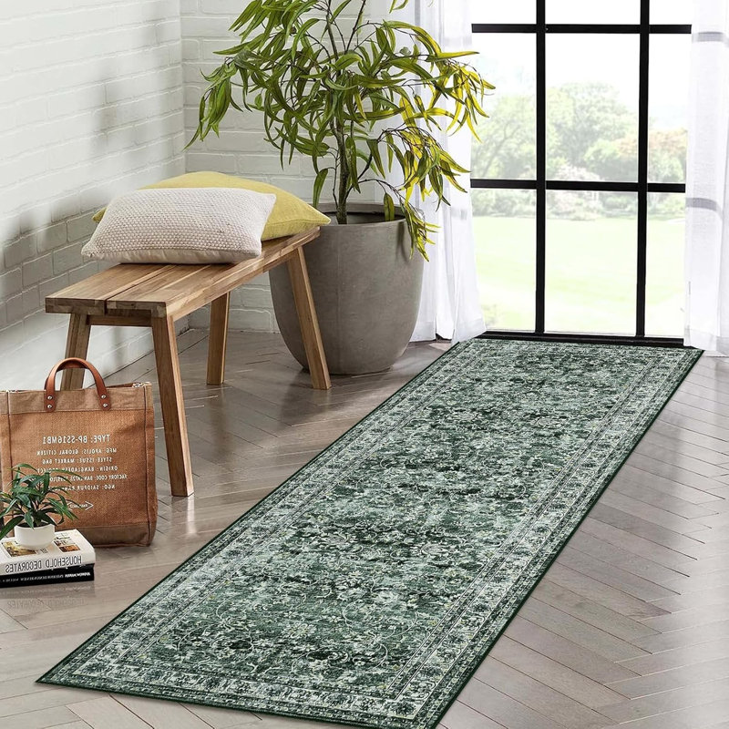 Runner - 2x6 Washable Vintage Floral Entryway Rug Soft Low Pile Non-Slip Non-Shedding Oriental Distressed Rug Hallway Laundry Green