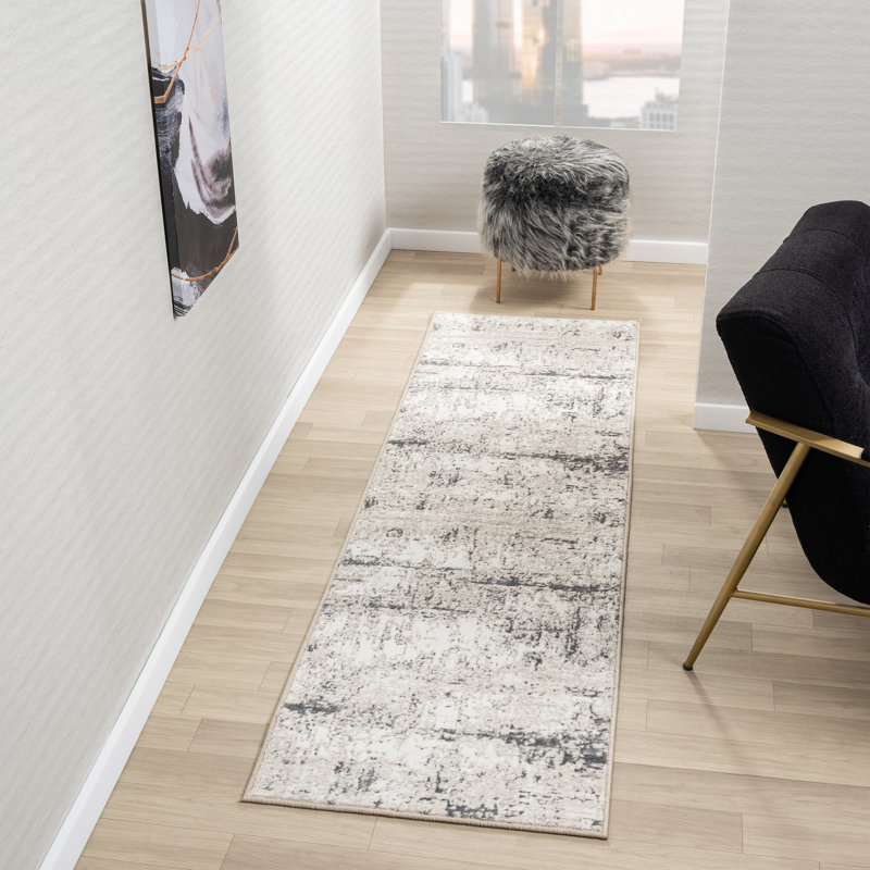 Modern Abstract Performance Ivory/Gray Area Rug, Runner 2' x 7'