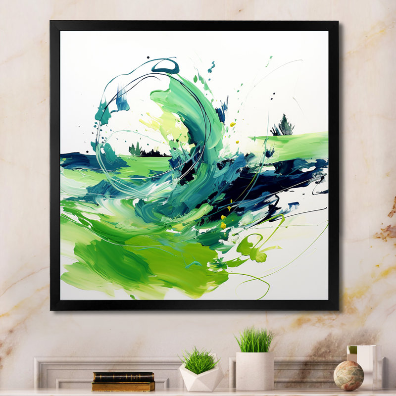 White And Green Abstract Ink Expression I - Abstract Wall Art, Black Single Picture Framed, 36" H x 36" W x 1.5" D
