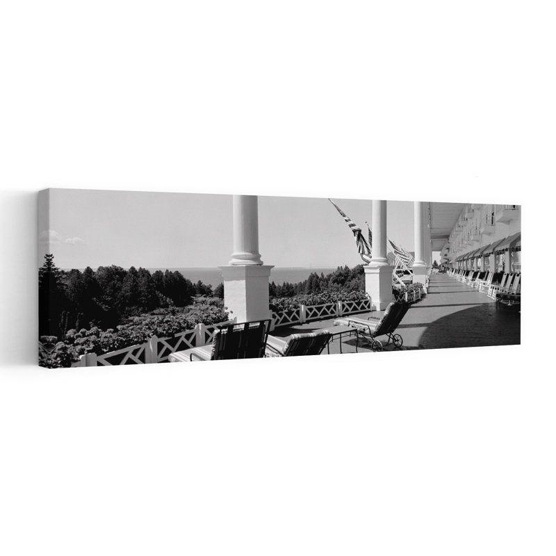 Deck Chairs On A Hotel's Porch Grand Hotel Mackinac Island Michigan USA by Ron Schramm - Wrapped Canvas Panoramic Print