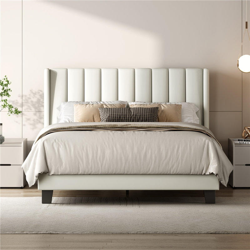 Upholstered Bed Frame with Channel Tufted Headboard, Double (4'6), PU Leather/Cream