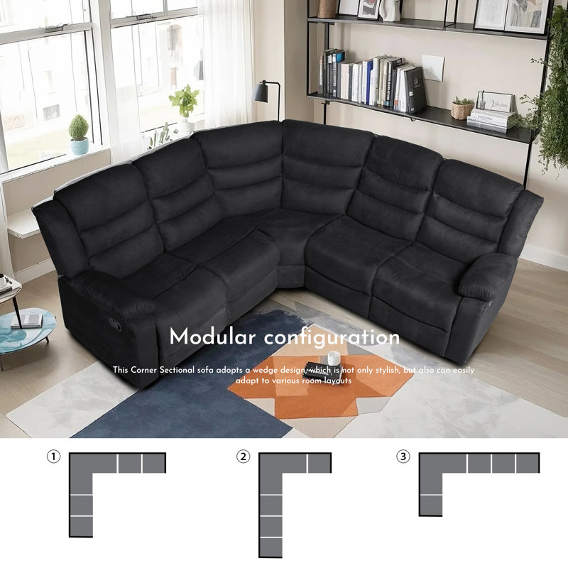 5-Seat Microfiber Manual Recliner Sectional Sofa with Drop-down Tables Cup Holders, Black Microfiber