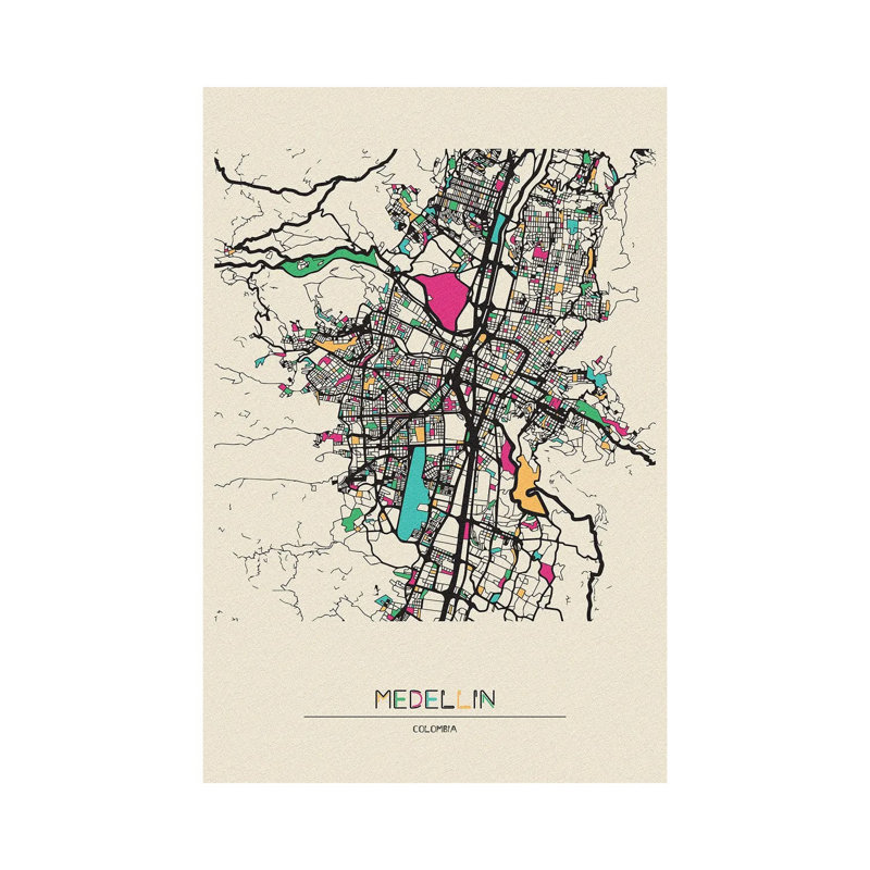 Medellin, carte de la Colombie par Ayse Deniz Akerman - Giclée sur toile tendue avec châssis, H 12 po x l 8 po x P 0,75 po