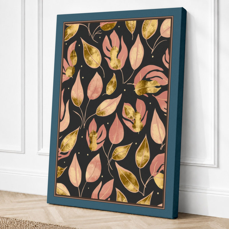 Autumn Leaf Pattern Botanical - Wrapped Canvas, 36x24 - 91.4 x 61.0 cm, Teal Border