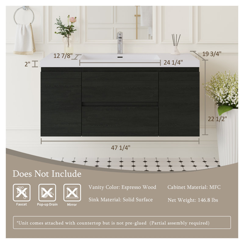 Meuble-lavabo mural de 122 cm (48 po) avec comptoir en surface solide et tiroirs à fermeture amortie, fini bois espresso
