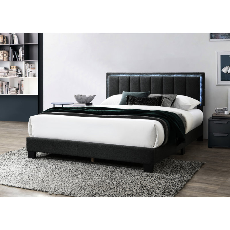 Lit double moderne avec tissu en laine gris anthracite, tête de lit capitonnée Channel, éclairage à DEL intégré et plateforme en laine de style contemporain, sans sommier tapissier