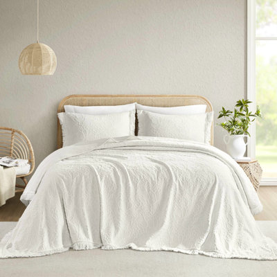 Ensemble de couvre-lit pour grand lit 3 pièces - Élégance florale en chenille avec bordure frangée, mélange de coton, doux respirant léger, confort surdimensionné, pelucheux, taille lavable à la machine, style bord, doux