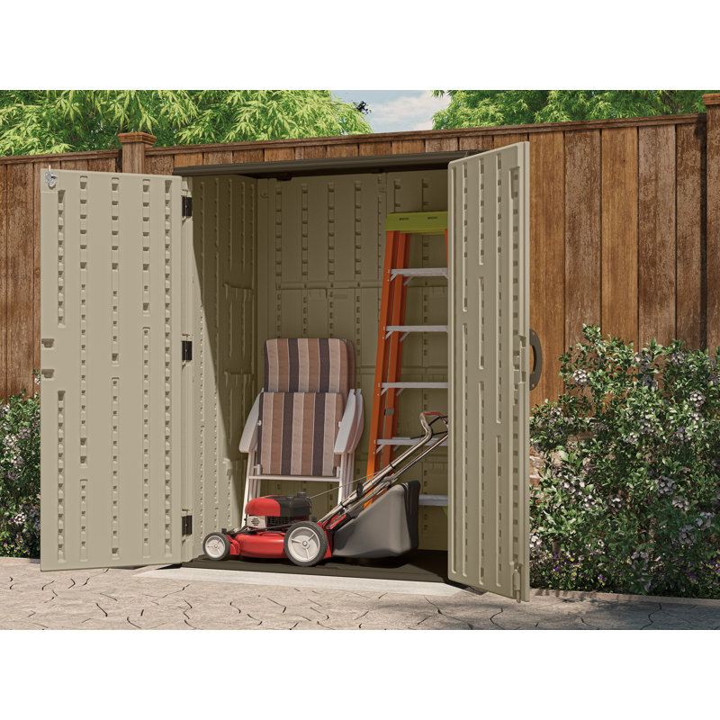 Suncast 53 in. W x 32.5 in. D Resin Vertical Storage Shed with Lockable Doors, Made in the USA, Sand