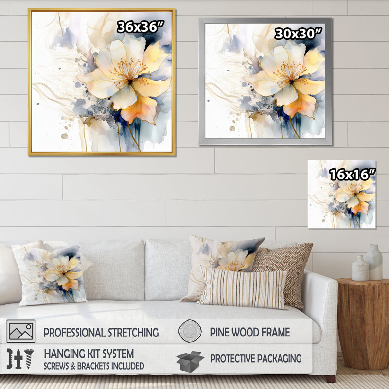 Harmonie jaune et bleu dans le chaos I - impressions florales encadrées, H 36 po x l 36 po x P 1,5 po, Toile tendue