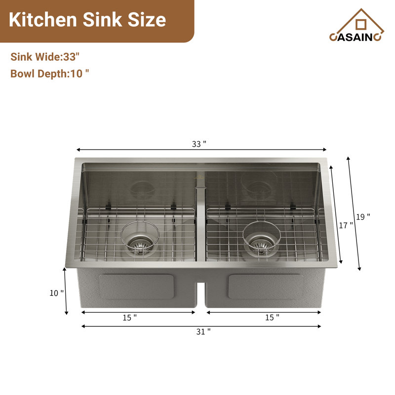 33" L x 19" W Double Bowl Stainless Steel Undermount Kitchen Sink