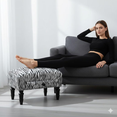 Stylish 40cm Wide Velvet Animal Print Footstool Ottoman – Rectangle Storage Seat for Living Room or Bedroom