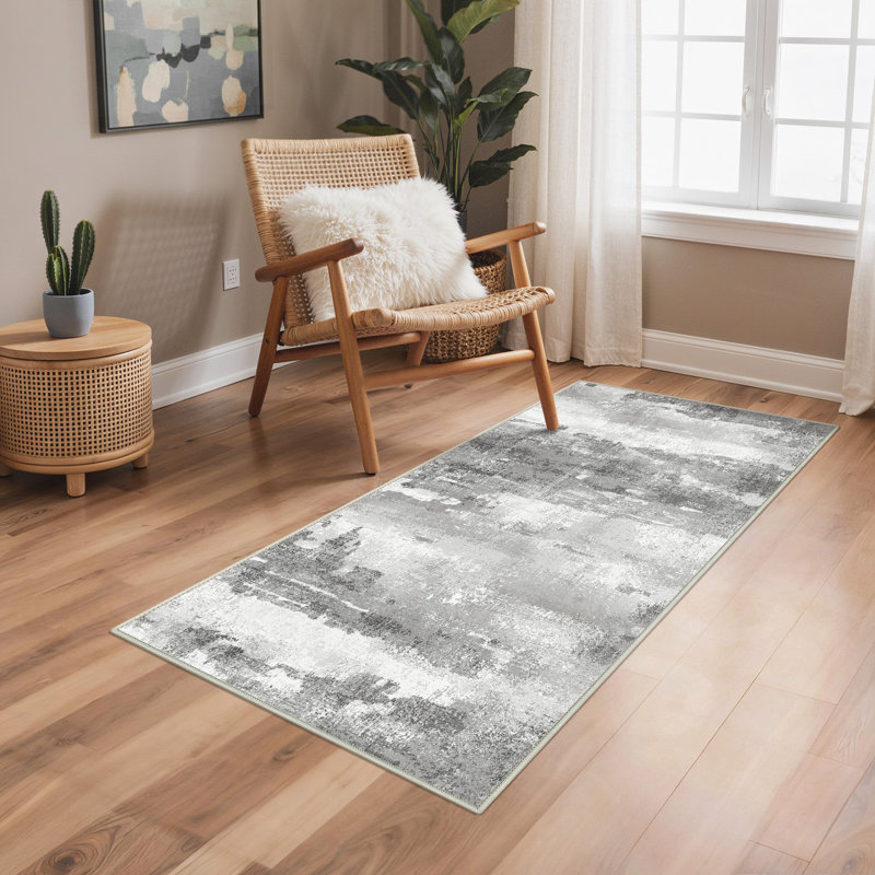 Abstract Washable Area Rug, Grey/Beige, Rectangle 80 x 150 cm