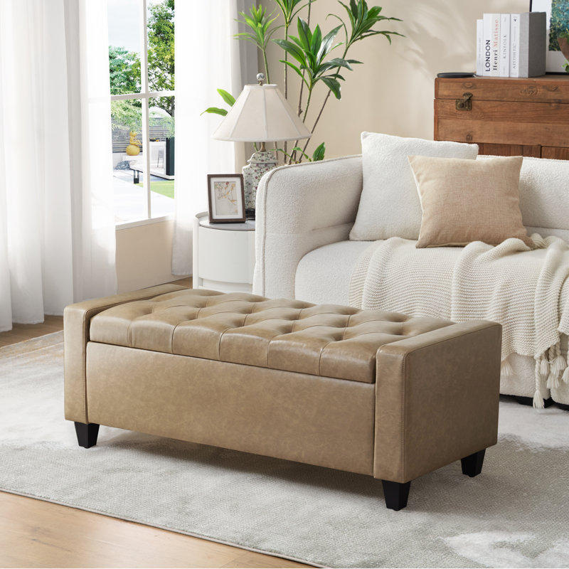 48.8" W Faux Leather Upholstered Storage Bench, Khaki