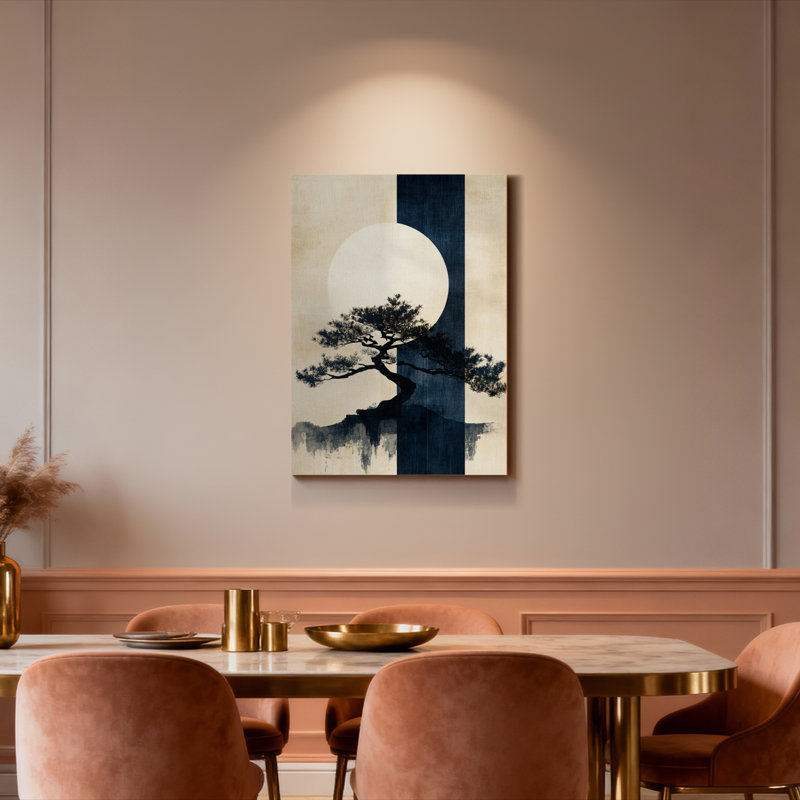 Ensemble de 1 tableau sur toile tendue représentant un pin japonais et la lune, H 36 po x l 24 po