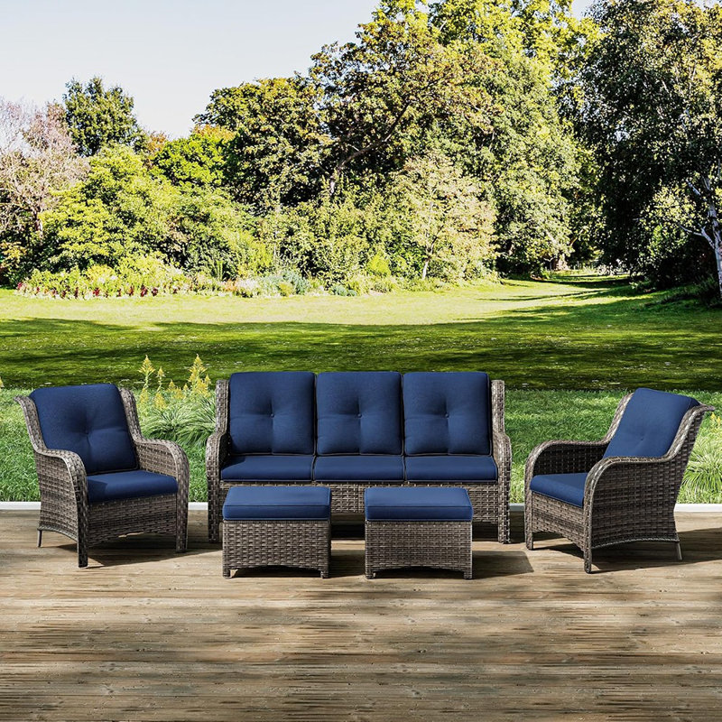 Ensemble conversationnel de mobilier d'extérieur 5 pièces avec canapé 3 places, 2 fauteuils et 2 repose-pieds modulaires avec coussins en oléfine