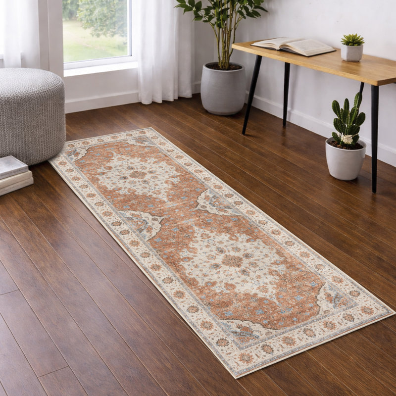 Machine Washable Vintage Oriental Area Rug Non-Slip Backing Orang/ Beige/Blue Indoor Carpet for Living Room, Bedroom, Hallway Runner