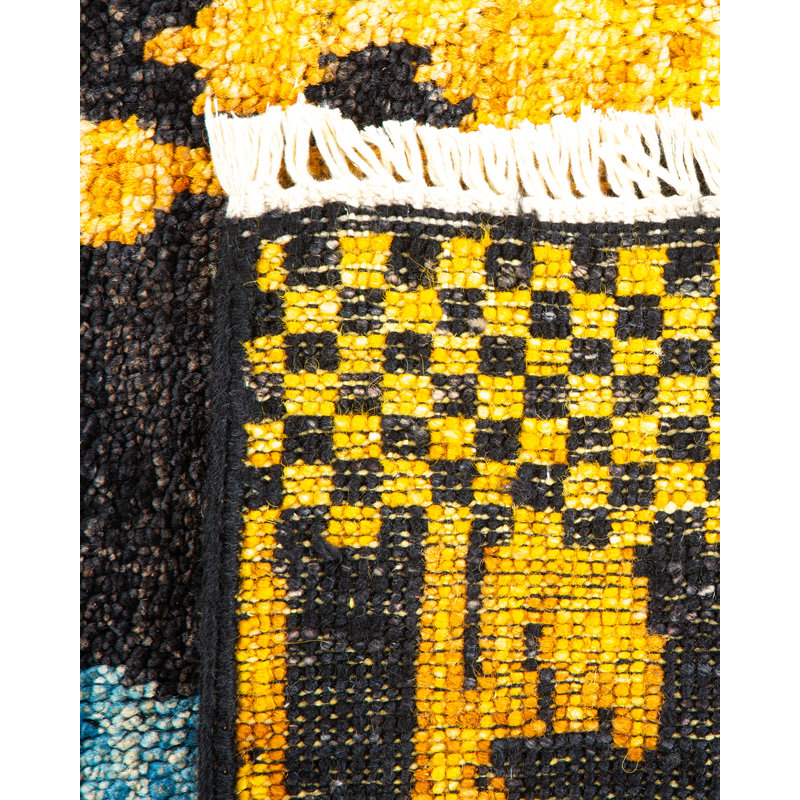 Tapis noir / vert / jaune / bleu noué à la main de conception unique 5 pi 1 po x 7 pi 10 po Urbo
