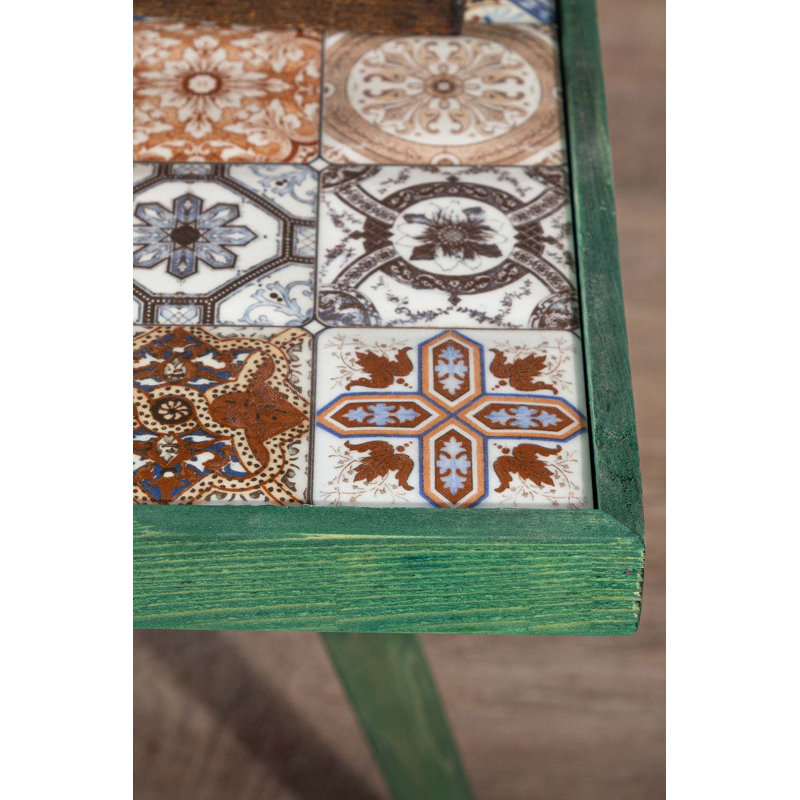 Canora Grey Side Coffee Table End Table Accent Table Home Essentials Solid Wood Tile Ceramic Table, Green