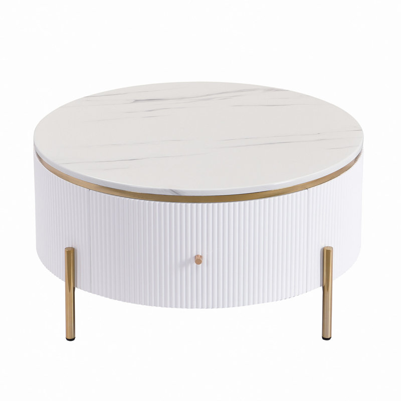 Round Coffee Table With 2 Large Drawers Storage Accent Table(31.5"), 16.9" H x 31.5" L x 31.5" W, White/Gold