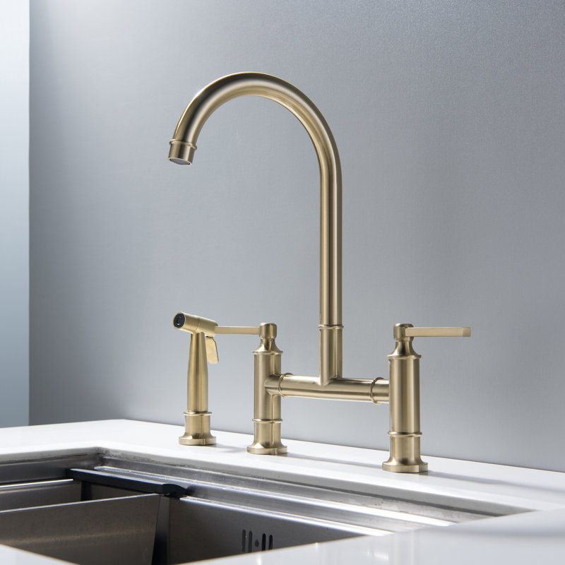 14.96" Stainless Steel Bridge Kitchen Sink Faucet in Brushed Gold with Side Sprayer, Brushed Gold