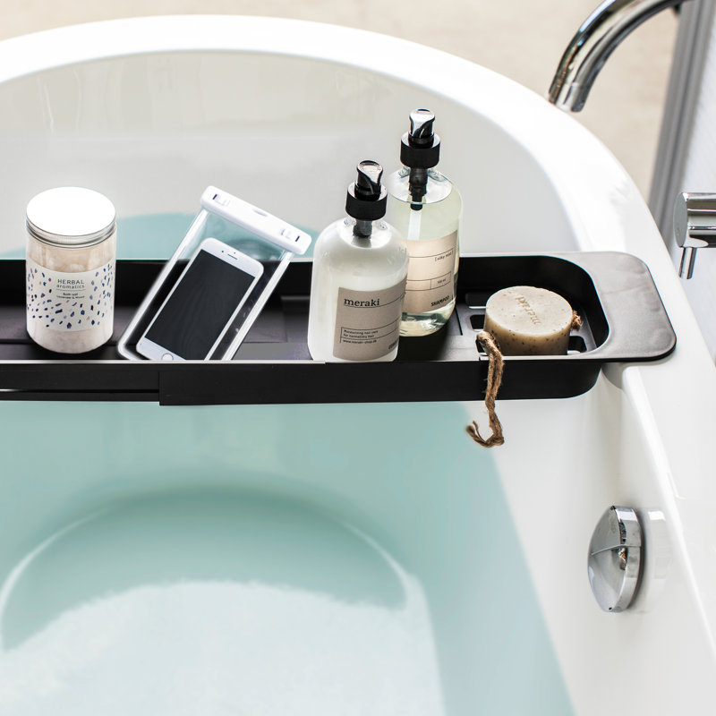 Black Expandable Plastic Bathtub Caddy with Storage