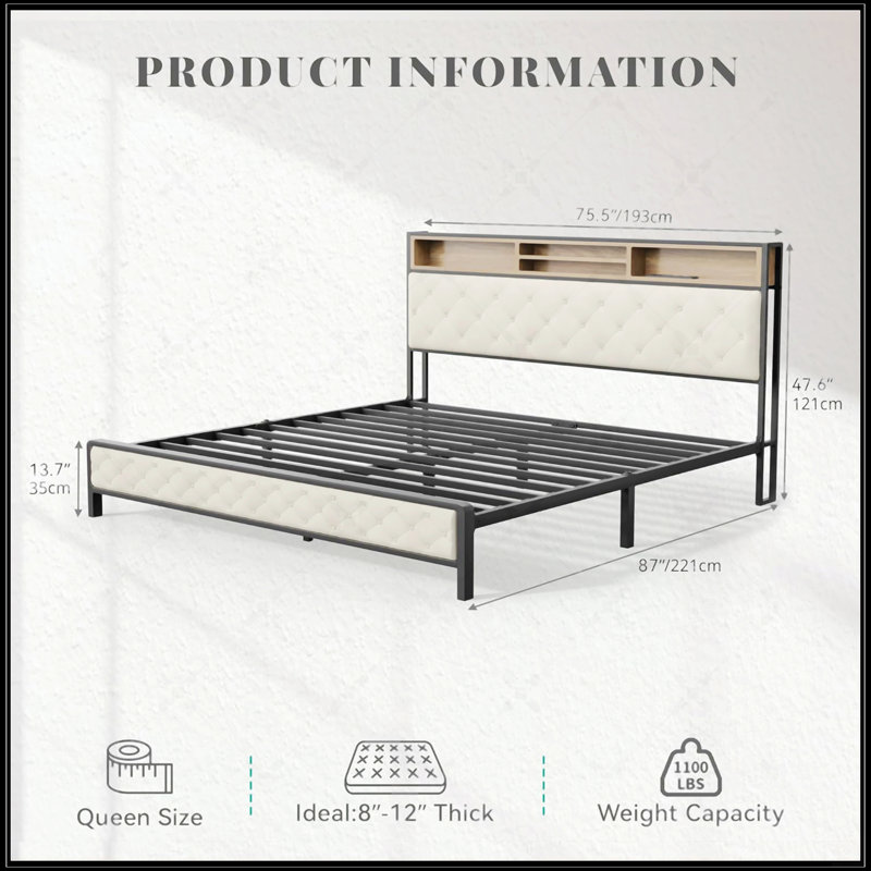 Structure de lit très grand avec station de charge, tête et pied de lit rembourrés avec rangement, lattes en métal, aucun sommier tapissier requis, beige