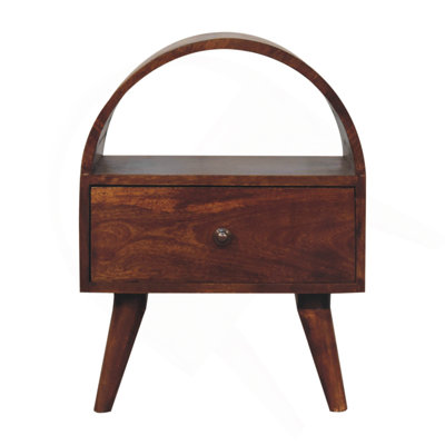 Table de chevet en bois massif dôme de châtaignier, 1 tiroir, 1 fente ouverte, brun