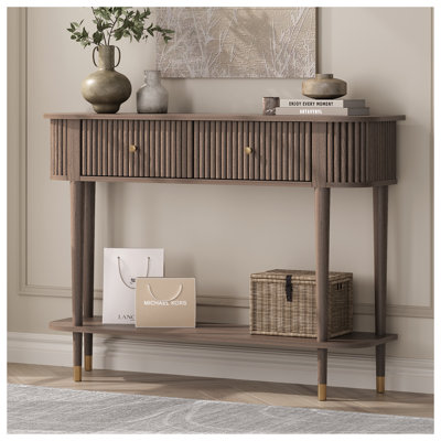 Table d'entrée de 43 po avec tiroirs, console cannelée avec tablette de rangement, table de canapé étroite pour le salon, couloir, vestibule, noyer