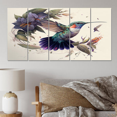 Colibri mauve, Illustration rétro - Reproduction d'art d'oiseaux - 5 panneaux égaux