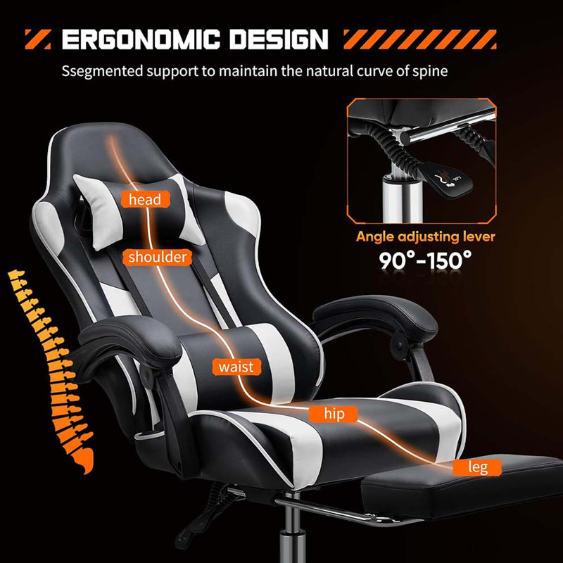 Game Desk Chair - Ergonomic Computer With Footrest And Comfy Lumbar Support, PU Leather Recliner With Headrest, Fixed Up Armrest, Height Adjustable With 360° Swivel, Adults