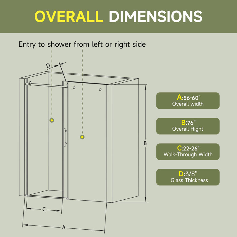 BCANHOME 56–60"W x 76"H Frameless Sliding Shower Door–10 mm (3/8") Tempered Glass with Tempered Glass (Matte Black)