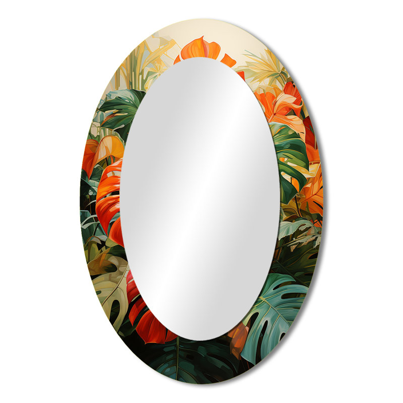 Orange Green Tropical Foliage I - Modern Oval Wall Mirror, 36" x 24"