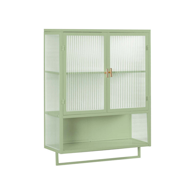 Armoire murale 24 po, 2 portes en verre avec 2 tablettes et porte-serviettes, Vert