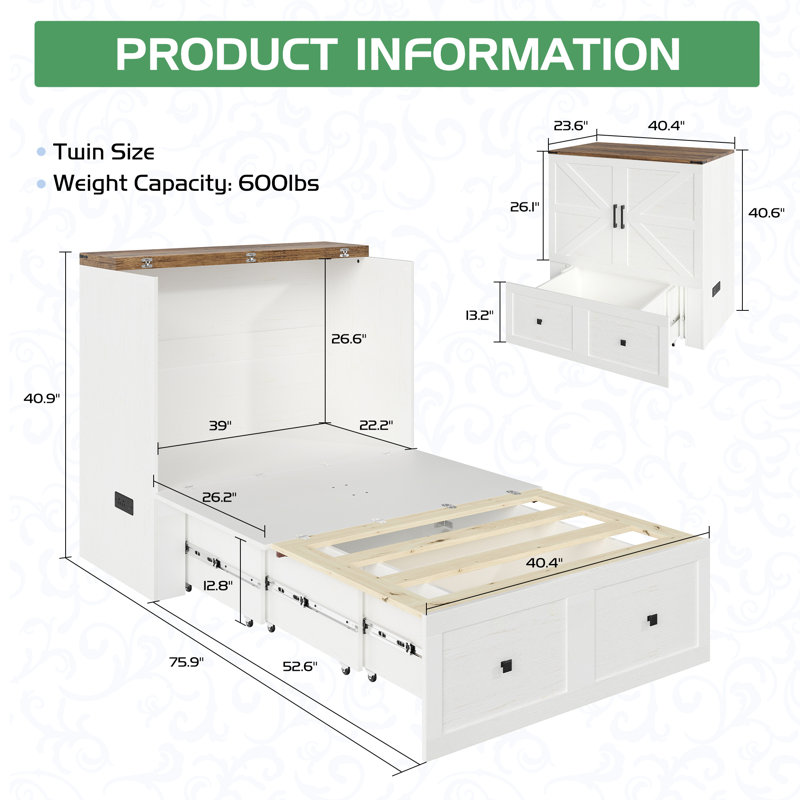 Wilkinson Farmhouse Twin Murphy Bed With Large Storage Drawer & Charging Station, White, White