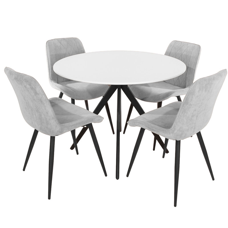 Aspen 5-Piece Casual Dining Set - Large Round Table with 4 Upholstered Diamond Stitch Fabric Chairs, Light Grey, White