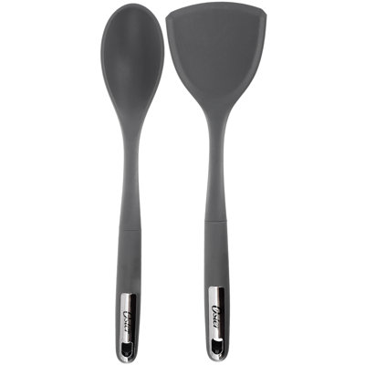 Oster Ridgecrest 2 Piece Silicone Kitchen Tool Serving Spoon and Turner Set in Grey